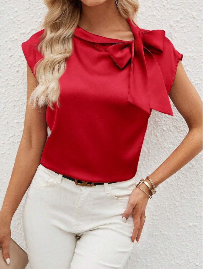 Women’s Blouse – Relaxed Fit – Luxury Fabric – Bow Neck – Half Collar – Cap Sleeve