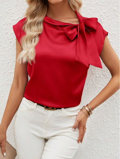 Women’s Blouse – Relaxed Fit – Luxury Fabric – Bow Neck – Half Collar – Cap Sleeve