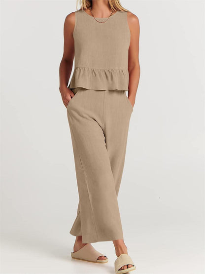 Women’s Two-Piece Set – Relaxed Fit – Sleeveless – Round Neck – Lightweight Cotton Blend
