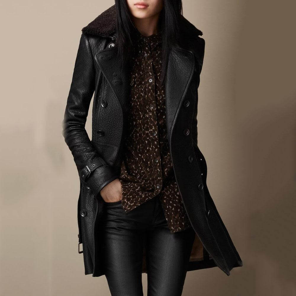 Women’s Leather Coat – Tailored Fit – Double-Breasted – High Collar – Mid Length