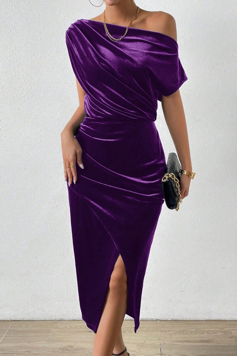 Women’s One-Shoulder Dress – Velvet Midi – Ruched Fit with Front Slit