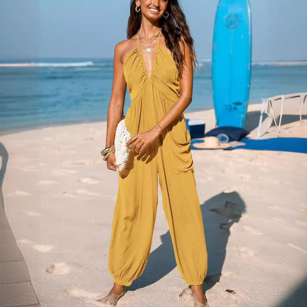 Women’s Halter Jumpsuit – Deep V-Neck – Relaxed Fit – Tapered Leg – Pockets – Lightweight Fabric