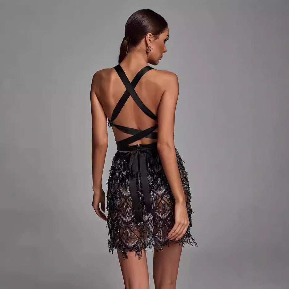 Women’s Midi Dress – Fitted Silhouette – Plunging V-Neck – Sequin Tassel Detail