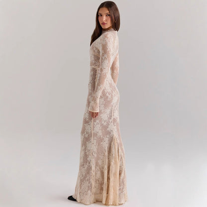 Women’s Lace Gown – Slim Fit – High Neck – Long Sleeve – Fishtail Hem Elegant Dress