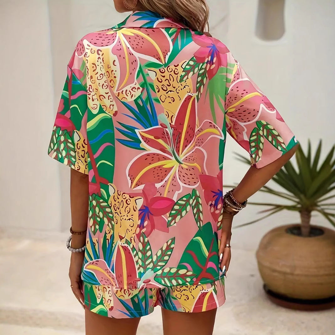 Women’s Shirt and Shorts Set – Relaxed Fit – Tropical Print – Lightweight Casual Wear