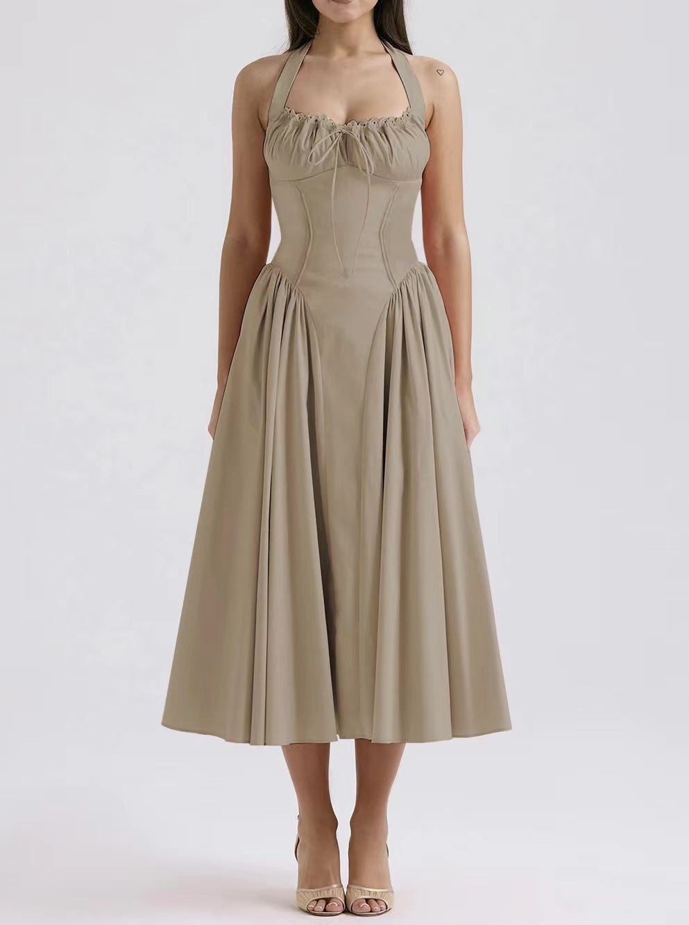 Women’s Halter Neck Dress – Slim Fit – Gathered Bodice – Backless – Midi Flared Skirt