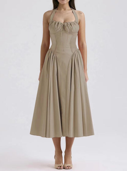Women’s Halter Neck Dress – Slim Fit – Gathered Bodice – Backless – Midi Flared Skirt