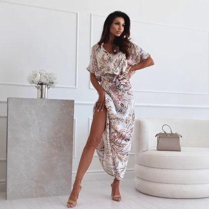 Women’s Midi Dress – Vintage Floral Print – Waist Tie – Stand Collar – Slit Hem