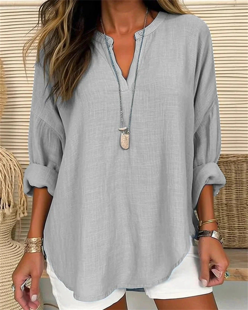 Women’s Long Sleeve Shirt – Cotton Linen Blend – Relaxed Fit – Stand Collar V-Neck