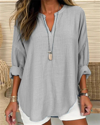 Women’s Long Sleeve Shirt – Cotton Linen Blend – Relaxed Fit – Stand Collar V-Neck