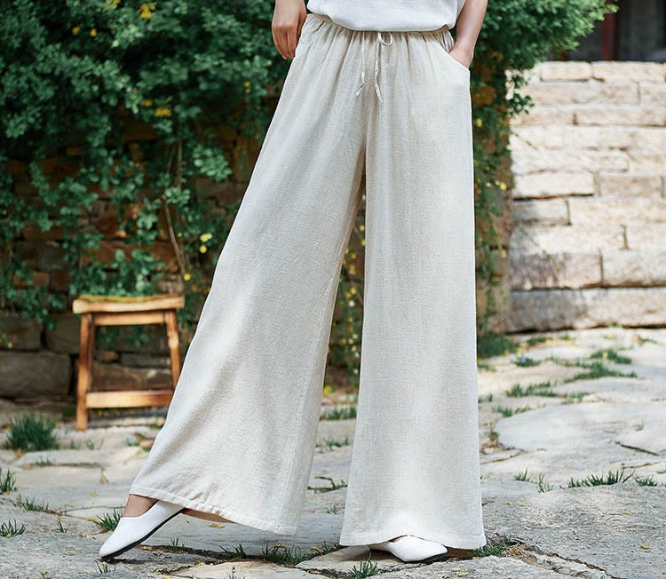 Women’s Wide-Leg Pants – Cotton Linen Blend – Relaxed Fit – Drawstring Waist – Full Length
