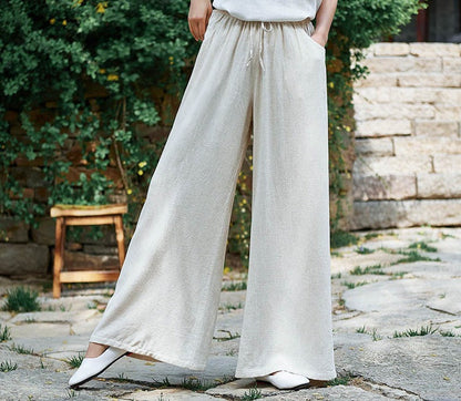 Women’s Wide-Leg Pants – Cotton Linen Blend – Relaxed Fit – Drawstring Waist – Full Length