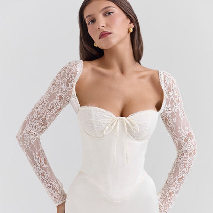 Women’s Evening Dress – Satin Bodycon Fit – Lace Long Sleeves – Sweetheart Neckline