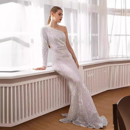 Women’s Evening Gown – One Shoulder – Sequined – Slim Fit – Mermaid Silhouette