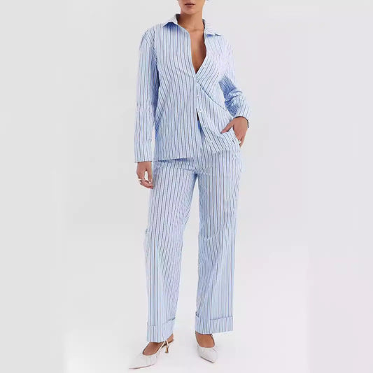 Women’s Shirt and Pants Set – Cotton Blend – Relaxed Fit – Striped – Wide-Leg Style