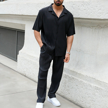 Men’s Athleisure Set – Relaxed Fit – Breathable Blend – Stripe Shirt & Long Pants