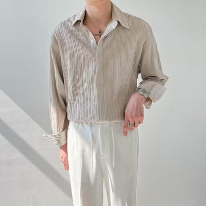 Men’s Long Sleeve Shirt – Relaxed Fit – Crinkle Texture – Button Down Casual Style
