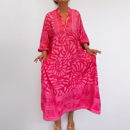 Women’s Midi Dress – Relaxed Fit – Cotton – Abstract Print – 3/4 Sleeve – Button Front