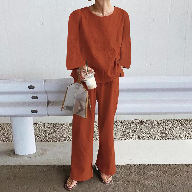 Women’s Two-Piece Set – Linen Fabric – Relaxed Fit – Long Sleeve Top – Wide Leg Pants