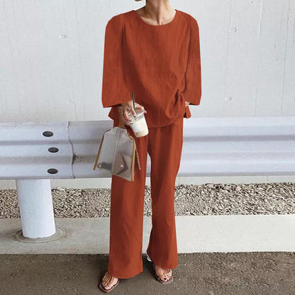Women’s Two-Piece Set – Linen Fabric – Relaxed Fit – Long Sleeve Top – Wide Leg Pants