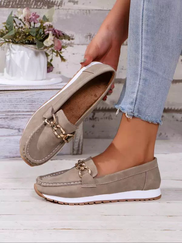 Women’s Loafers – Slip-On – Moc Toe – Suede Look – Platform Sole – Chain Accent
