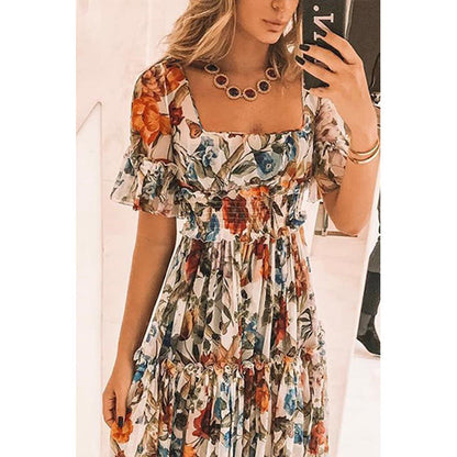 Women’s Maxi Dress – Smocked Bodice – Flutter Sleeve – Tiered Skirt – Breathable Blend