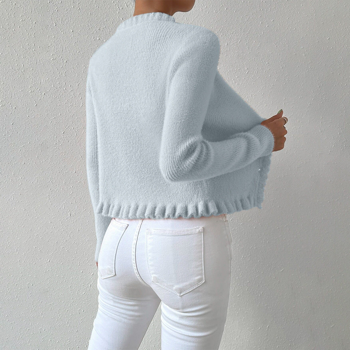 Women’s V-Neck Cardigan – Slim Fit – Pearl Buttons – Ruffle Trim