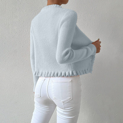 Women’s V-Neck Cardigan – Slim Fit – Pearl Buttons – Ruffle Trim