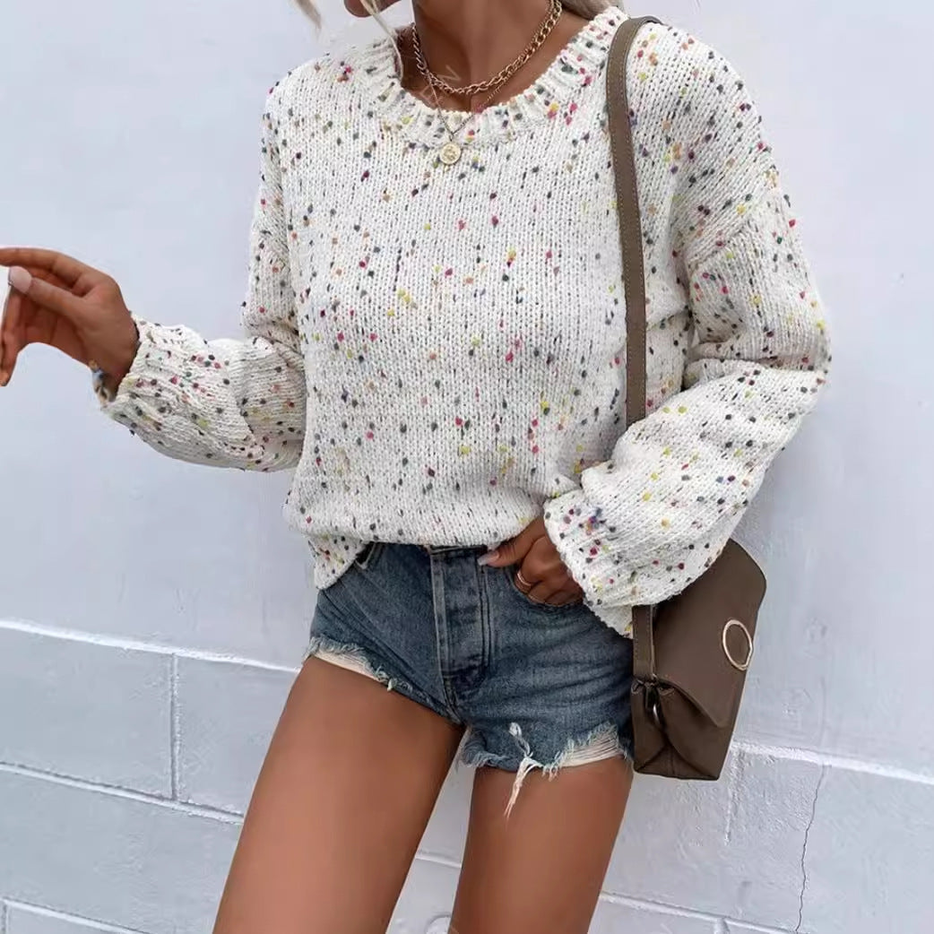 Women’s Pullover Sweater – Relaxed Fit – Speckled Knit – Ribbed Trim – Hip Length
