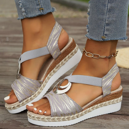 Women’s Wedge Sandals – Open Toe – Slingback Strap – Jute Platform – Textured Upper