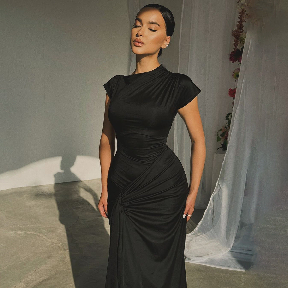 Women’s Full-Length Dress – Satin Finish – Draped Waist – Short Sleeve Formal Wear