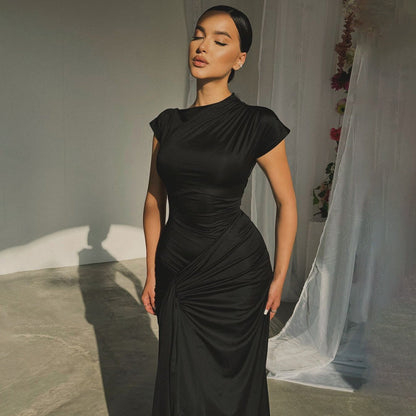 Women’s Full-Length Dress – Satin Finish – Draped Waist – Short Sleeve Formal Wear