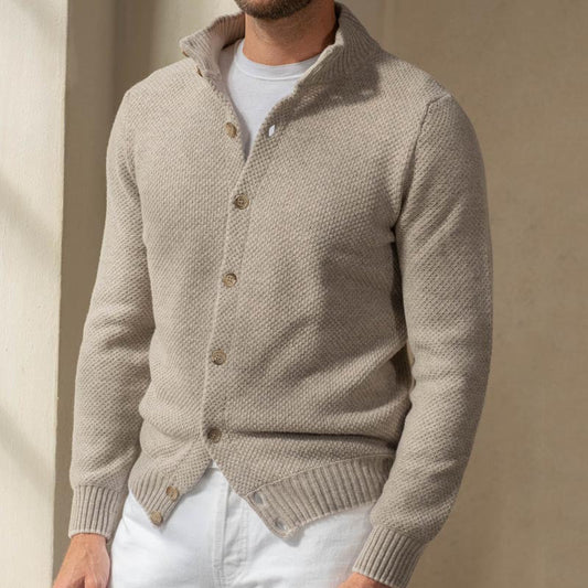 Men’s Knit Sweater – Slim Fit – Shawl Collar – Button-Up Front – Ribbed Trim