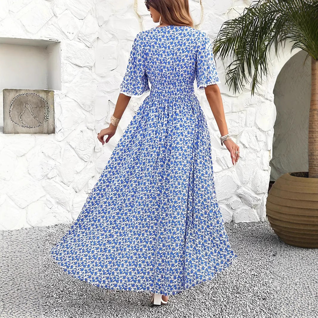 Women’s Midi Dress – Floral Print – V-Neck – Adjustable Waist – Short Sleeve – Slit Hem