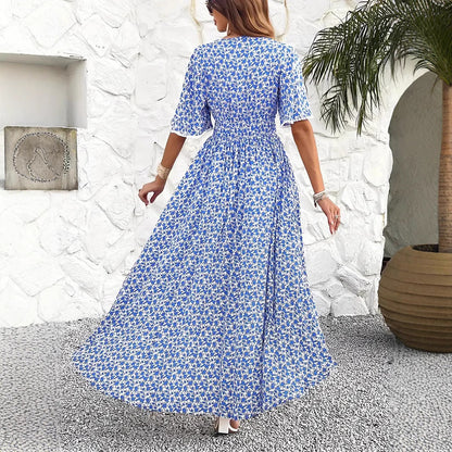 Women’s Midi Dress – Floral Print – V-Neck – Adjustable Waist – Short Sleeve – Slit Hem