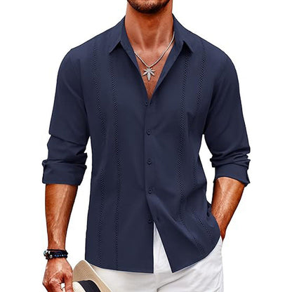 Men’s Long Sleeve Shirt – Slim Fit – Cotton Blend – Button-Front – Minimalist Vertical Dot Detailing