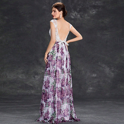 Women’s Maxi Dress – A-Line Fit – Lace Bodice – Sheer Floral Skirt – Formal Wear