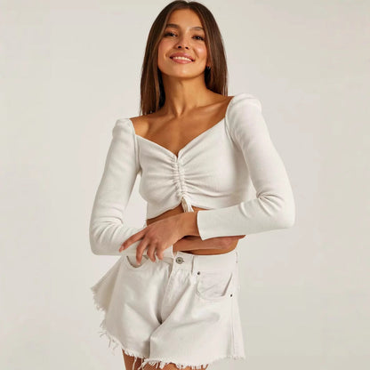 Women’s Cropped Top – Tie Front Ribbed Knit – Slim Fit V-Neck – Long Sleeve Casual