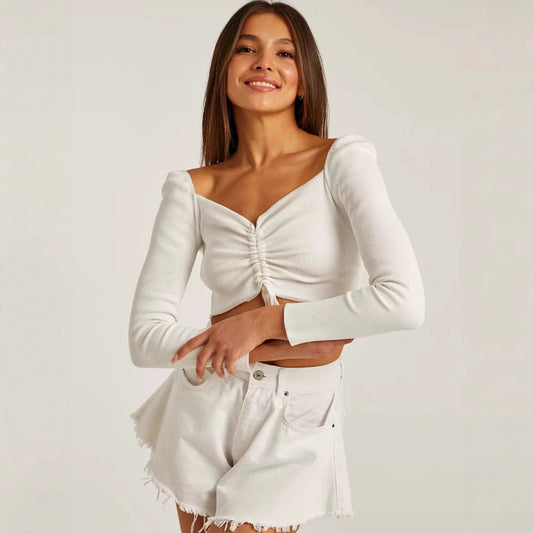Women’s Cropped Top – Tie Front Ribbed Knit – Slim Fit V-Neck – Long Sleeve Casual