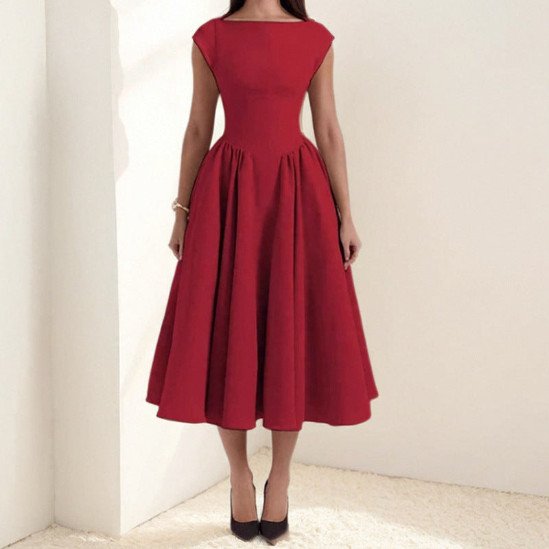 Women’s Midi Dress – Sleeveless – Slim Fit – Flared Skirt – Round Neck Elegant Style