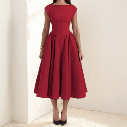 Women’s Midi Dress – Sleeveless – Slim Fit – Flared Skirt – Round Neck Elegant Style