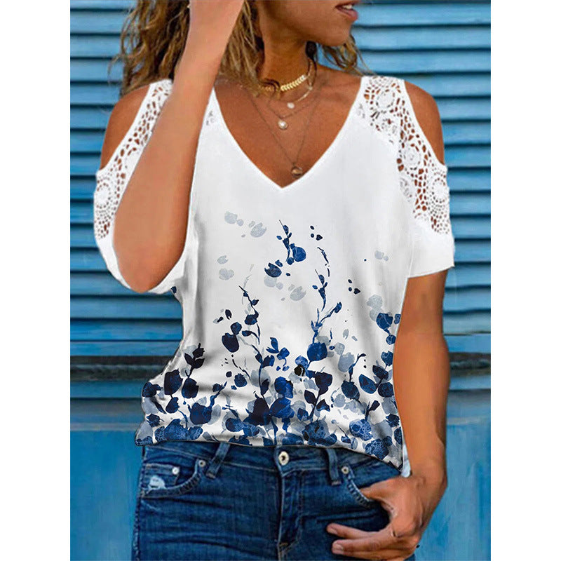 Women’s Blouse – Relaxed Fit – Cold Shoulder – Lace Detail – V-Neck – Floral Print – Breathable Blend