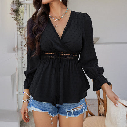 Women’s V-Neck Top – Relaxed Fit – Tie Waist – Puff Bell Sleeves – Lace Trim – Lightweight