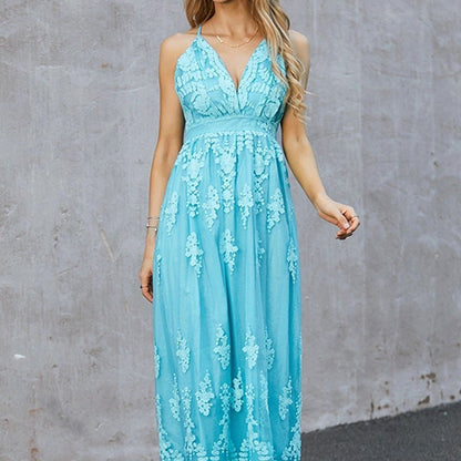 Women’s Maxi Dress – Flowing Fit – Floral Embroidery – Deep V-Neck – Breathable Blend