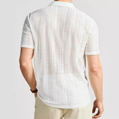 Men’s Short-Sleeved Shirt – Relaxed Fit – Lightweight Knit – Lace Button-Down Casual