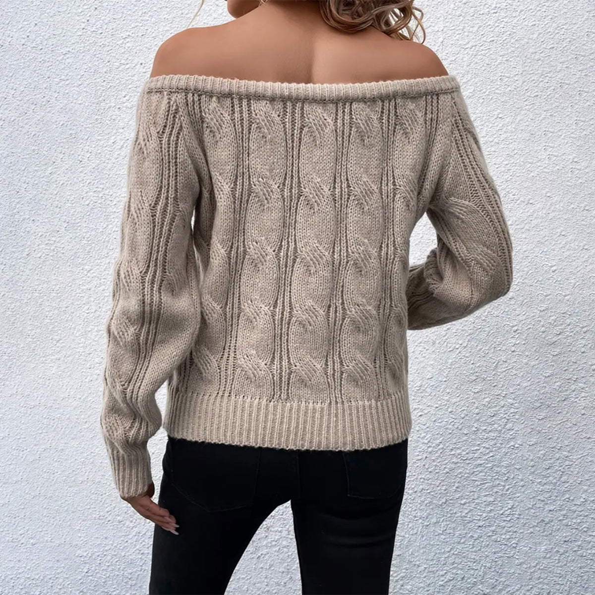 Women’s Knitted Sweater – Soft Knit – Relaxed Fit – Off Shoulder – Cable Knit Design