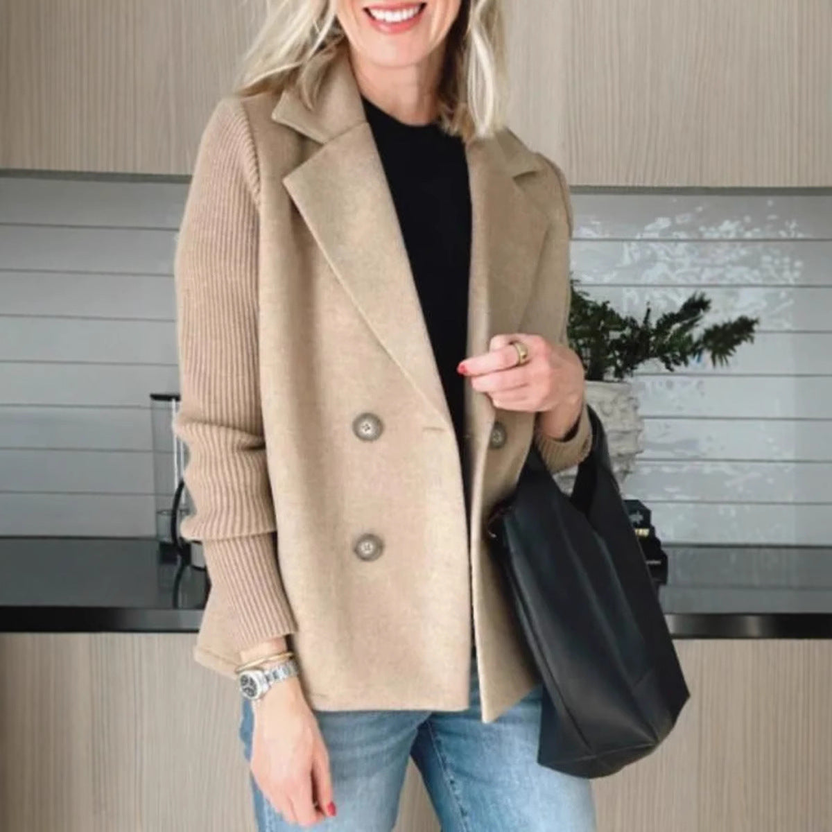 Women’s Blazer – Oversized Fit – Double-Breasted – Soft Knit Sleeves – Hip Length