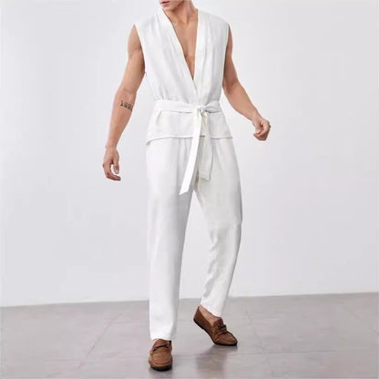 Men’s Vest and Pants Set – Lightweight Cotton – Relaxed Fit – Belted V-Neck Top