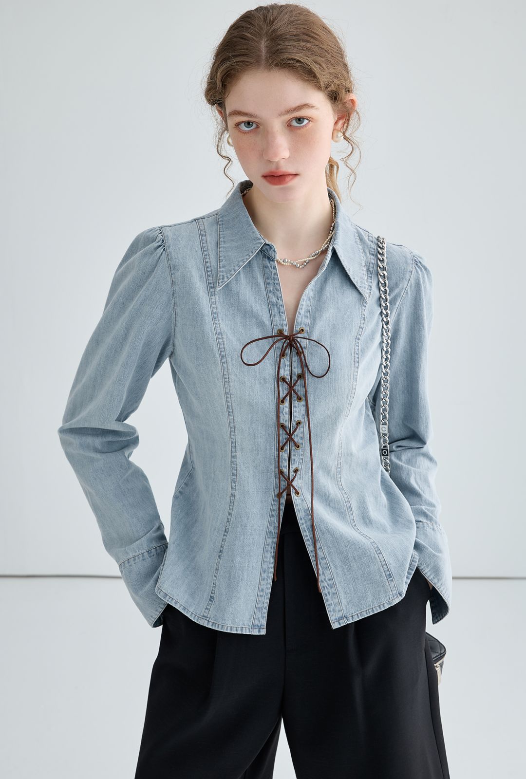 Women’s Denim Shirt Jacket – Tailored Fit – Lace-Up Front – Structured Long Sleeve