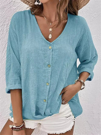 Women’s Blouse – Linnen – Relaxed Fit – V-Neck – Button-Down – 3/4 Rolled Sleeve
